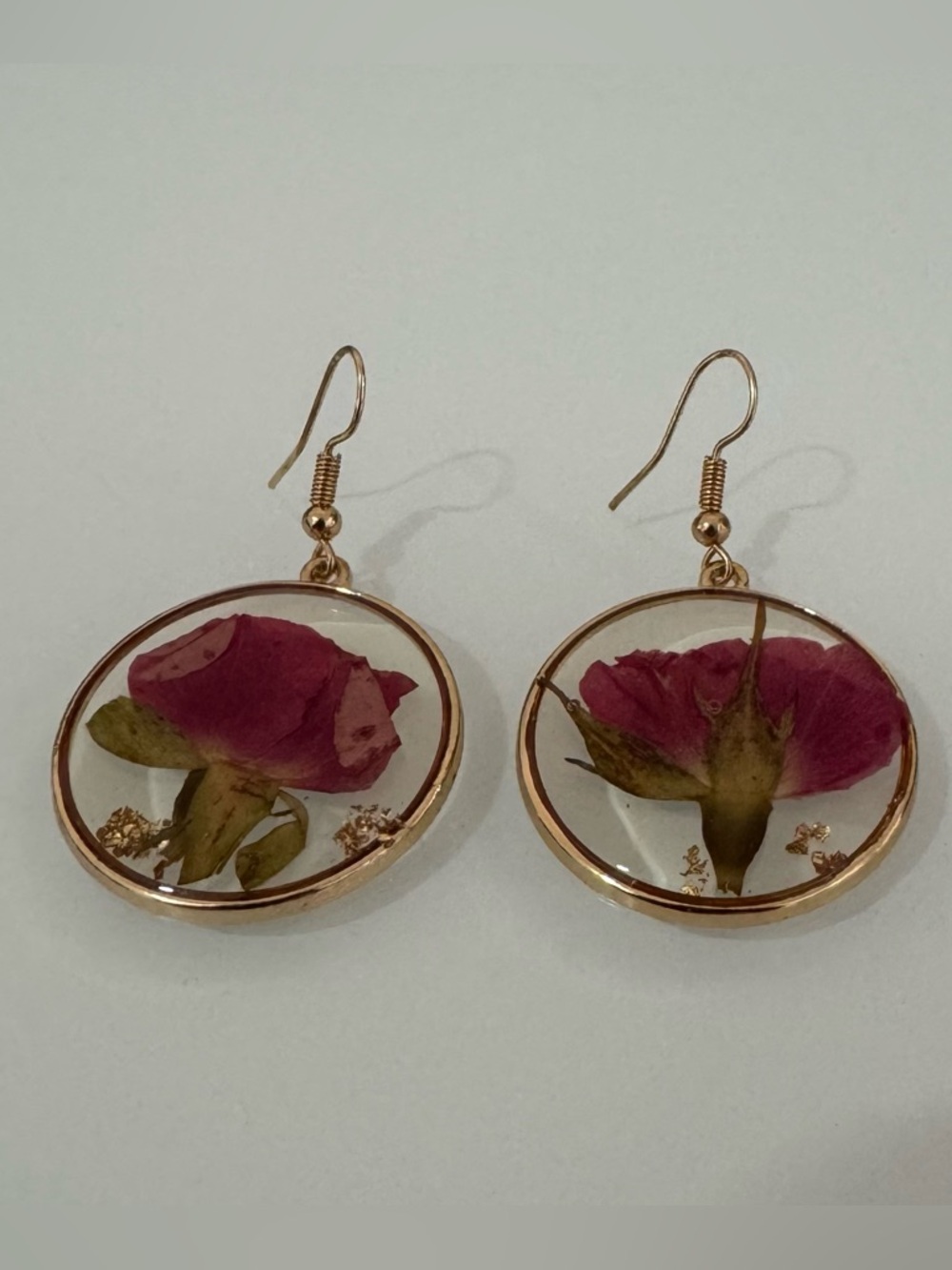 Handmade Gold-Framed Earrings with Real Pressed Red Rose Petals